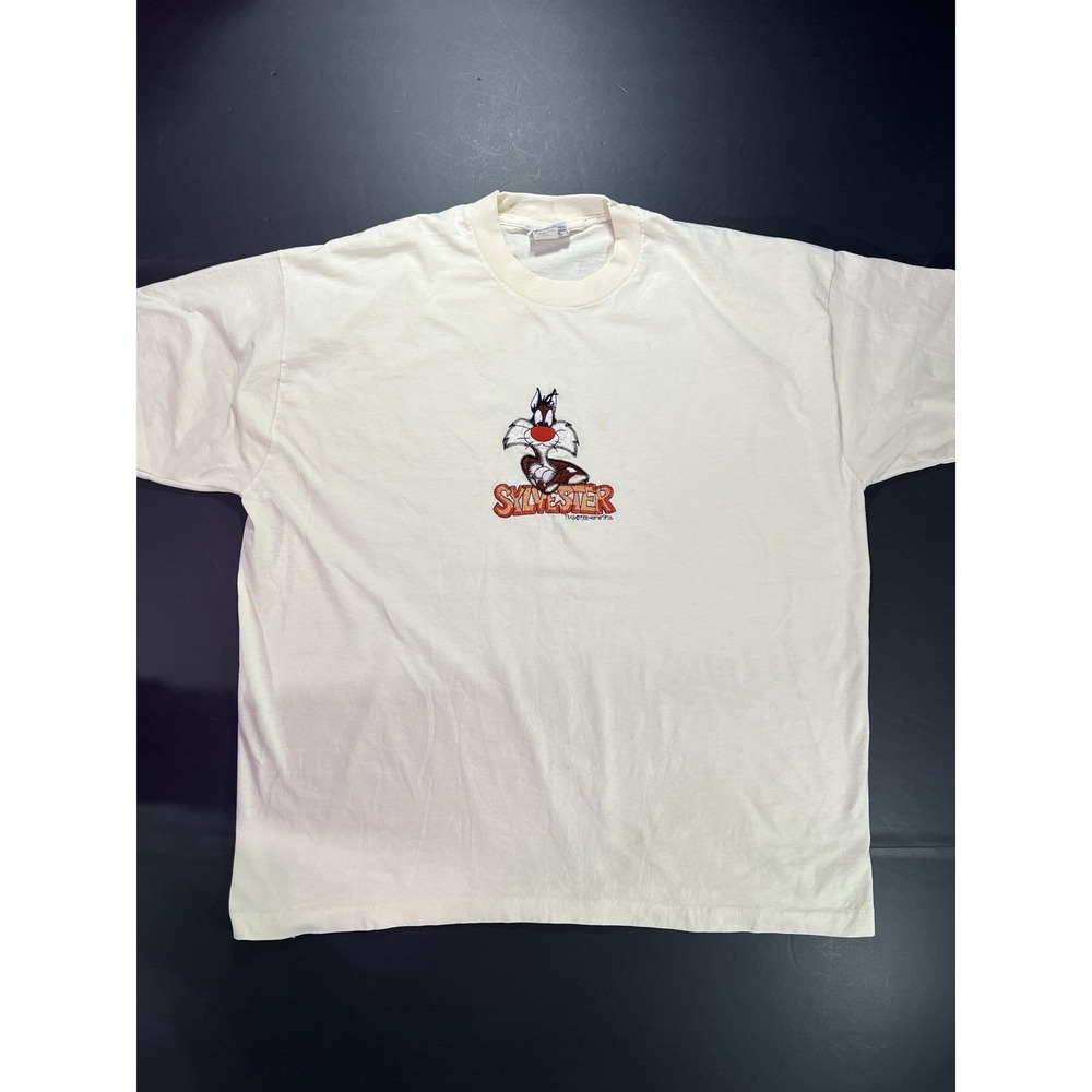 Vintage Looney Tunes Sylvester‎ Embroidered Tshirt 1995 Single Stitch Cream